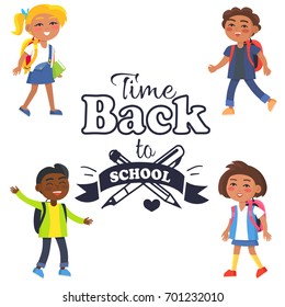 Back to school time black-and-white sticker with inscription. Vector illustration of crossed fountain pen and graphite pencil surrounded by pupils