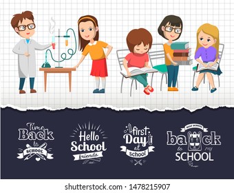 Back to school time logo design. Chemistry lab and science class education. Children doing experiment. Kids reading textbooks vector illustration. Back to school concept. Flat cartoon