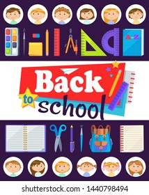 Back to school time, office stationary and face of girls and boys in round icons. Pen and pencil, backpack and notebook, ruler and dividers on purple vector