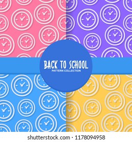 Back to school time seamless pattern with clock in paper cut art style on colorful pastel background