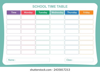 Back to School Time Table Template. School plan schedule template. colorful timetable design.