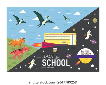 Back to School Time Travel – Fun Kids Poster with Dinosaurs, Astronauts, and Space Adventure