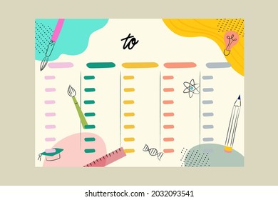 Back To School Timetable. Hand Drawn. Classroom Timetable. Plan Note Education. Planner, Table Class. Child, Academic Template. Organizer Paper Weekly. Vector Illustration.