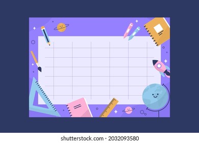 Back to school timetable. Hand drawn. Classroom timetable. Plan note education. Planner, table class. Child, academic template. Organizer paper weekly. Vector illustration.