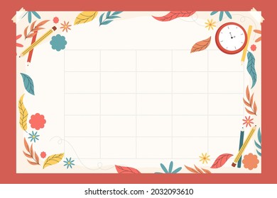 Back To School Timetable. Hand Drawn. Classroom Timetable. Plan Note Education. Planner, Table Class. Child, Academic Template. Organizer Paper Weekly. Vector Illustration.