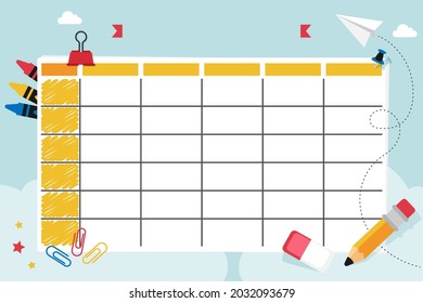 Back To School Timetable. Hand Drawn. Classroom Timetable. Plan Note Education. Planner, Table Class. Child, Academic Template. Organizer Paper Weekly. Vector Illustration.