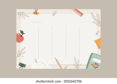 Back To School Timetable. Hand Drawn. Classroom Timetable. Plan Note Education. Planner, Table Class. Child, Academic Template. Organizer Paper Weekly. Vector Illustration.