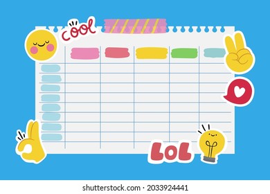 Back to school timetable. Hand drawn. Classroom timetable. Plan note education. Planner, table class. Child, academic template. Organizer paper weekly. Vector illustration.