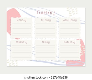 Back to school timetable. Hand drawn. Classroom timetable. Plan note education. Planner, table class, template. Organizer paper weekly.