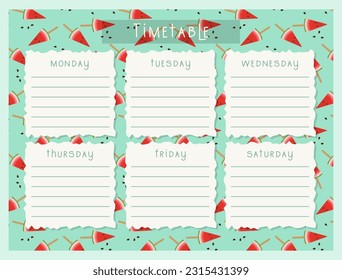 Back to school Timetable with pattern watermelon. Classroom timetable. Plan note education. Planner, table class, template. . Vector illustration
