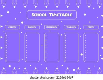 De vuelta a la escuela. Horario escolar de los alumnos. Planificador semanal para niños. Lápices dibujados a mano con puntos.