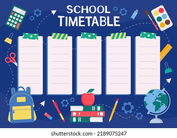 Back to school. Timetable template. School supplies. Vector illustration