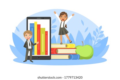 Back to School, Tiny Cute Elementary School Boy Student in Uniform Standing in front of Tablet with Bookshelf on Screen Smiling Girl Standing on Pile of Books Cartoon Vector Illustration