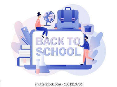 Back to School. Tiny people with laptop, backpack, educational tools, calculator, school stationery, globe and books. Online education concept. Modern flat cartoon style. Vector illustration