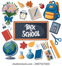 Back to school is the title of the image. A variety of school supplies, including a clock, a backpack, a calculator, a ruler, a book, and a pencil. Vector set of elements.
