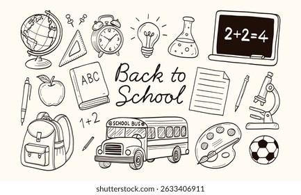 Back to school is the title of the image. Various school supplies and a school bus