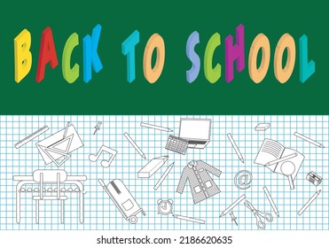 
Back to school with title on a blackboard and layout of school items on a checkered background