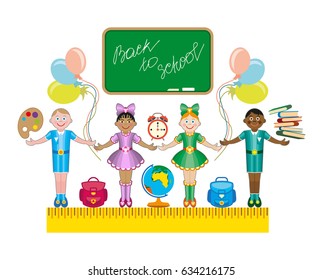 Back to School Title Poster Design in a Blackboard with School Items in a Background. Editable Illustration