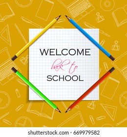 Back to School Title Words on Paper Note. School Items outline With Pencils, Laptops, Pens and Rulers on a Yellow Background. Vector Illustration