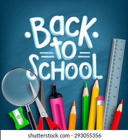 Back to School Title Words with Realistic School Items With Colored Pencils, Scissor, Magnifier and Ruler in a Blue Texture Background. Vector Illustration