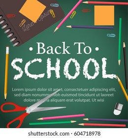 Back to School Title Words with Realistic School Items With Colored Pencils and Ruler in a green Texture Background. Vector Illustration