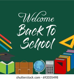 Back to School Title Words with Realistic School Items With Colored icons in a green Background. Vector Illustration