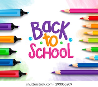 Back to School Title Words Written in a White Drawing Paper with Sets of Colorful Crayons, Colored Pencils and Markers. Vector Illustration