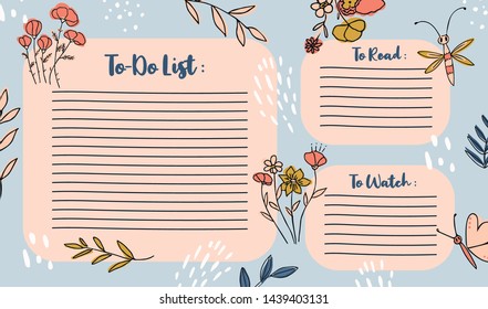 Back to School To-Do, to read and watch list. Flowers, butterflies and leaves background. Minimalistic and trendy journal template.