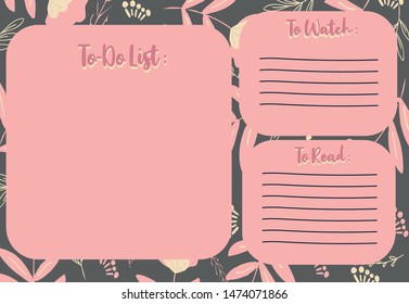 Back to School To-Do, to read and watch list. Floral scandinavian background. Minimalistic and trendy journal template. Personal time management. Girly cute vector planner.
