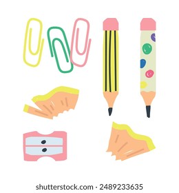 Back to school. Tools for drawing or sketching. Hand drawn vector set. sharpener, pencils, paper clips. Colored illustration in flat style