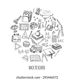 Back to school tools sketch icons isolation in a circle vector design illustration. Background School.