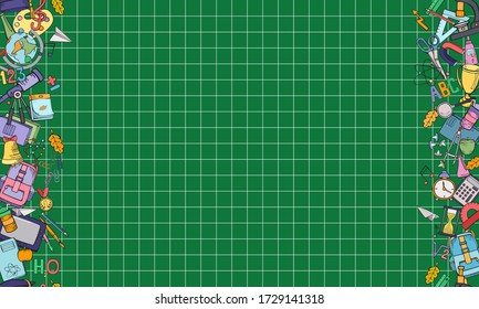 Back to school. School tools, supplies on a green board. Colorful seamless vector illustration. Hand drawing.
