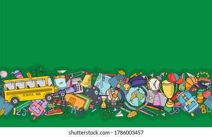 Back to school. School tools, supplies on a green board. Color vector banner. Hand drawing.