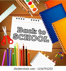 back to school with school tools and wooden background