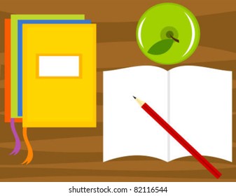 Regreso a la escuela. Vista superior del escritorio con libros de ejercicios, lápiz, manzana y papel en blanco. Ilustración vectorial