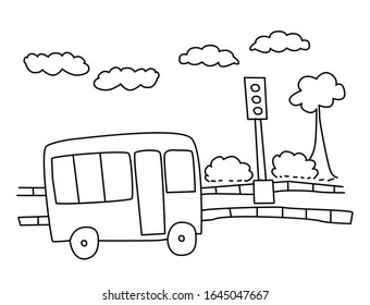 De vuelta a la escuela con transporte, hoja de colorear paisajístico para niños. Ilustración de la página del libro de coloreo educativo con bus, semáforo, árboles, nubes, caminos, hierba e imágenes sin color de la acera