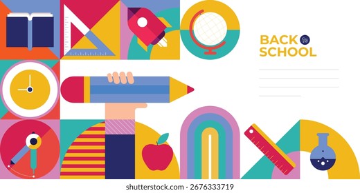 Back to school trendy background with abstract geometric style. Vibrant and colorful design concept featuring kids, school supplies, banners, and posters for educational promotions
