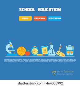 Back to School trendy flat icon banner. School activities, Science, Art, Sport, technology. Education concept for youth targeted product, illustration, infographics, web. Sample text. Editable