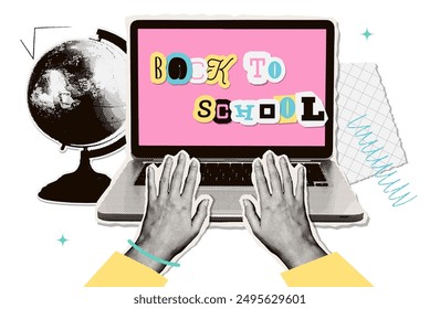 Back to school trendy halftone collage poster or concept. Vector illustration with halftone laptop, hands, globe and checkered paper. Modern trendy vector 90s zine design.