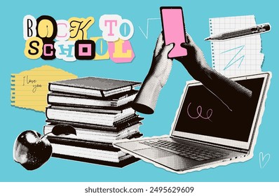 Back to school trendy halftone collage elements set with doodles and cutout zine lettering. Books stack, laptop, apple, hands holding phone, stationery. Concept of learning, knowledge. Isolated vector