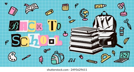 Back to school trendy halftone collage banner template with doodles on a checkered paper background. Books pile, backpack and cutout words with stationery decor. Concept of learning, knowledge. Vector