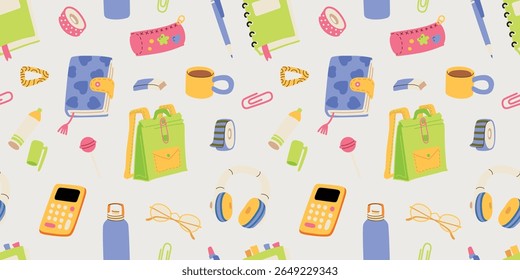 Back to school trendy hand drawn vector seamless pattern for education online learning school. International education day teachers day concept art for wallpaper wrapping paper fabrics design
