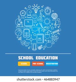 Back to School trendy line icon banner. School activities, Science, Art, Sport, technology. Education concept. Use for youth targeted product decoration, illustration, infographics, web. Editable
