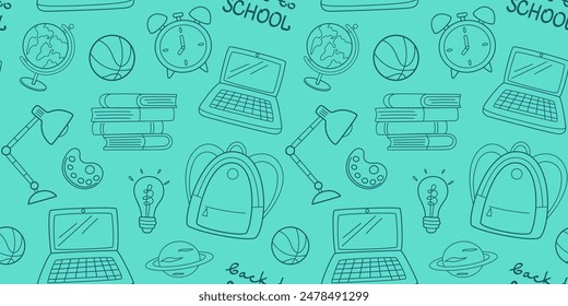 Back to school. Trendy seamless pattern in doodle design. Pattern with school supplies in simple flat style. Vector illustration.
