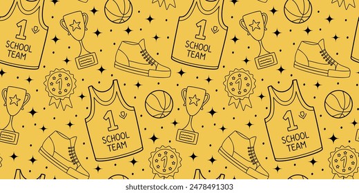 De vuelta a la escuela. Patrón sin costuras de moda en diseño de garabato. Patrón deportivo con Elementos de baloncesto en estilo simple y plano. Ilustración vectorial.
