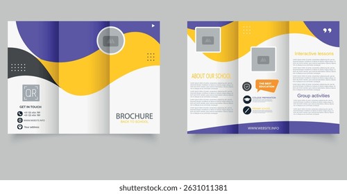 Back to School Trifold Brochure Template. Modern Education Flyer Design for Institutions. Professional trifold brochure template with a clean and modern layout, featuring dynamic wave shapes.