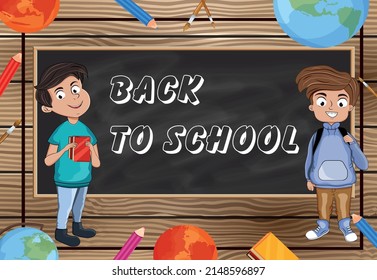 Back to school. Two boys. Vector stock illustration. Wooden background. Students.