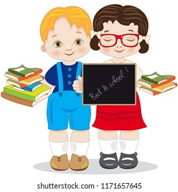 Back to school of two children with blackboard and books