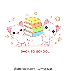 Back to school. Two cute little white cats with books. Kittens read a book. Vector illustration EPS8