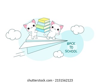 Back to school. Two cute little cats with books on paper airplane. White kittens on a flying paper plane. Vector illustration EPS8